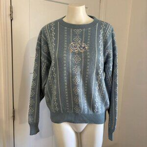 Vintage Bay Point Threads Fair Isle Light Blue Floral Embroidery Granny Sweater